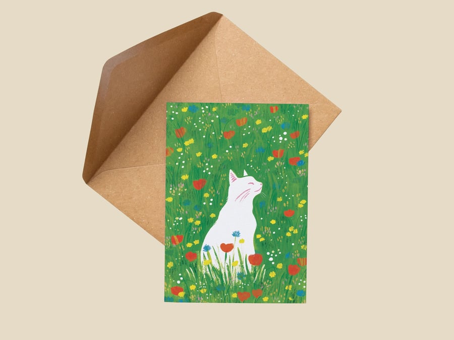 Cute Cat Meadow: A6 recycled greetings card 