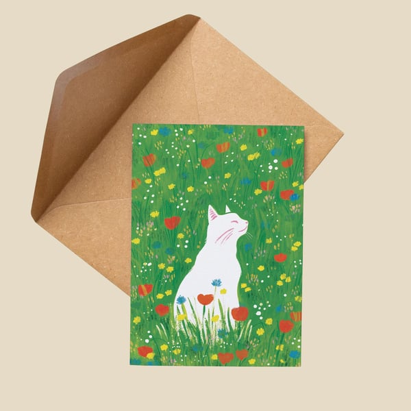 Cute Cat Card From the Cat Wildflowers Meadow White Cat Anniversary Birthday Uni