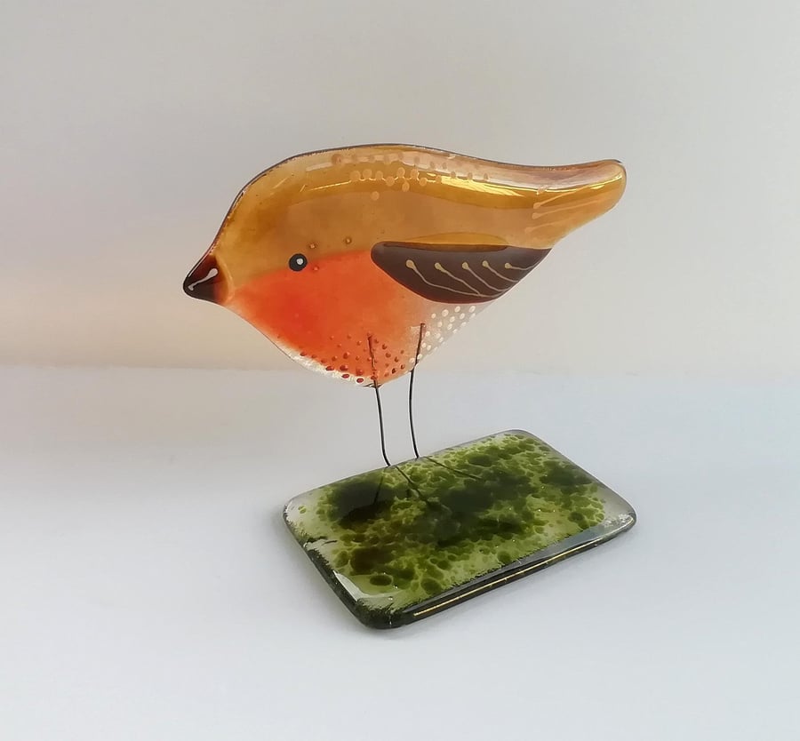 Fused Glass Robin Ornament, Freestanding British Bird Decor