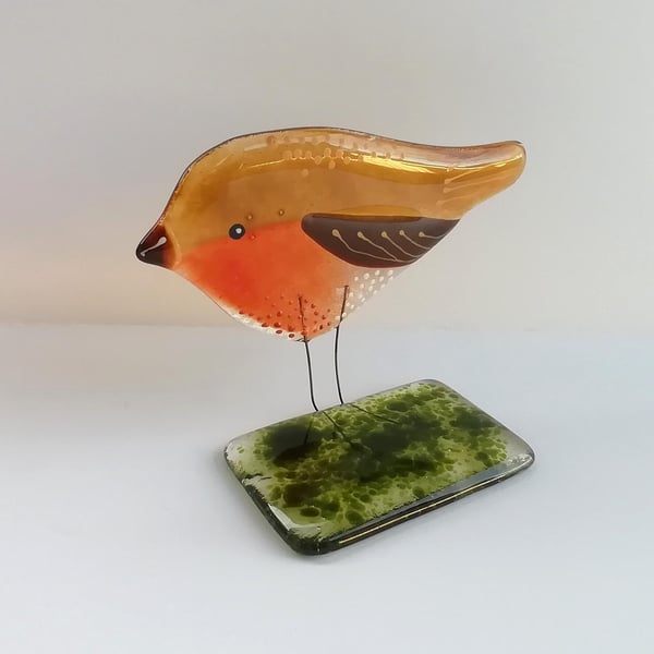 Fused Glass Robin Ornament, Freestanding British Bird Decor
