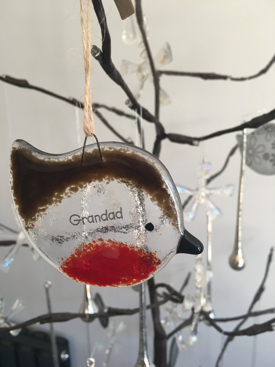 Handmade Fused Glass "Grandad" Robin Christmas Decoration