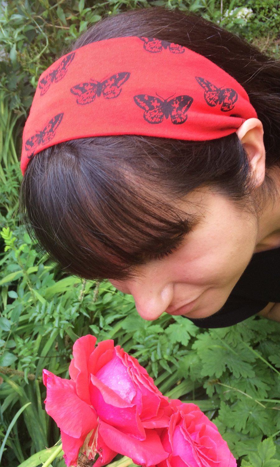 Moth hand printed red and black headband