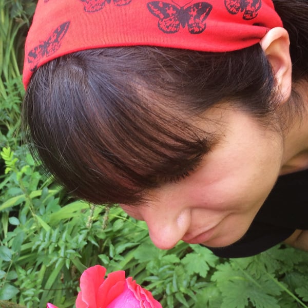 Moth hand printed red and black headband