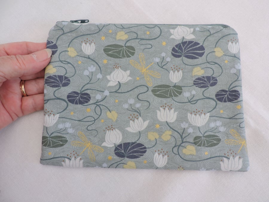 Sale   Make up Bag   Zipped Pouch  Waterlilies and Dragonflies