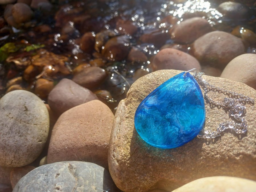 Large Blue and Silver Tear Drop Necklace