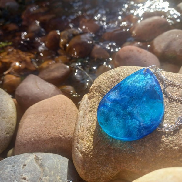 Large Blue and Silver Tear Drop Necklace