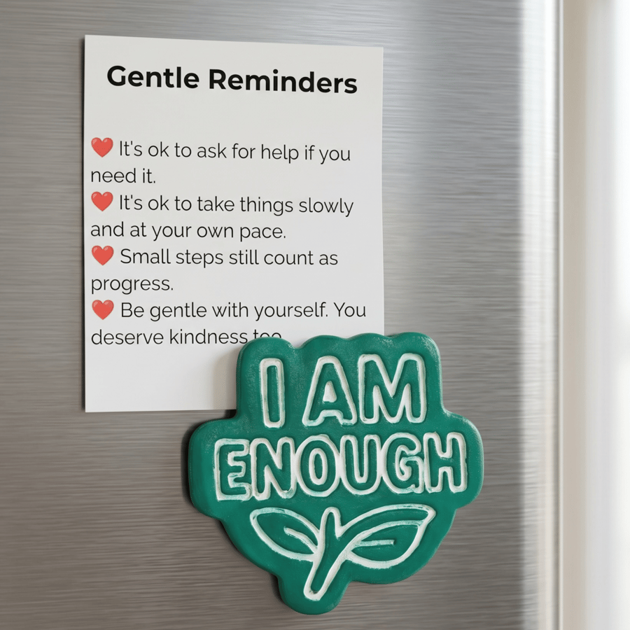 I Am Enough handmade teal green fridge magnet with A7 Gentle Reminders card.