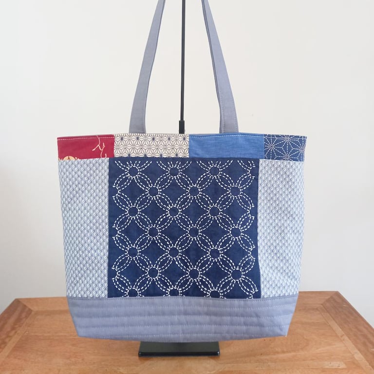 Sashiko Panel Patchwork Tote Bag
