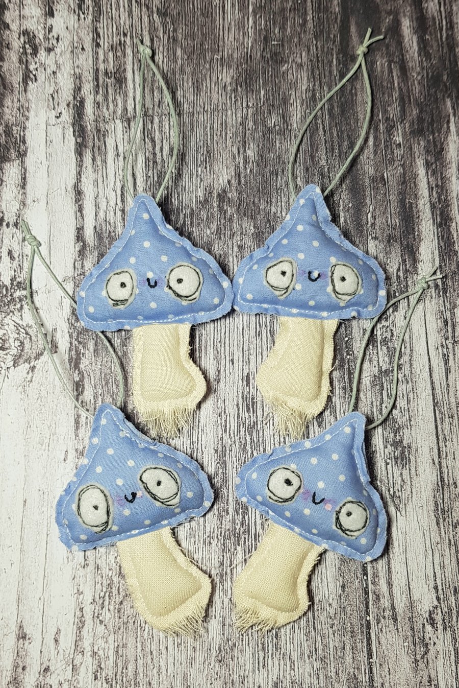 Quirky Mushroom Hangers in Blue & White Dot Print
