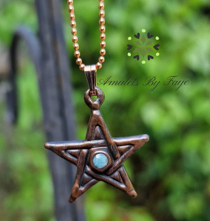 Recycled Copper Pentagram with Amazonite Gemstone Pendant Necklace.