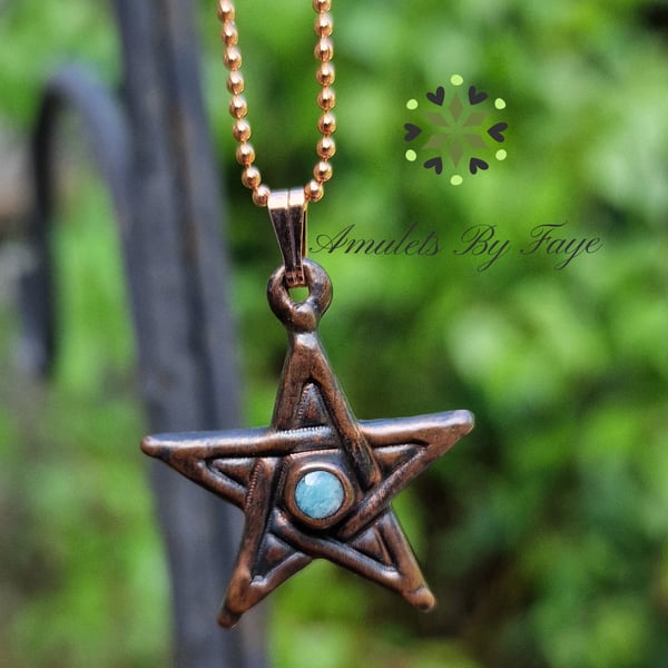 Recycled Copper Pentagram with Amazonite Gemstone Pendant Necklace.