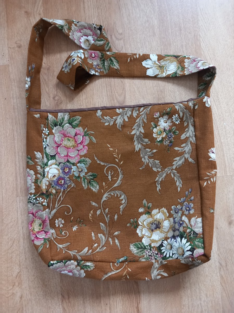 Large long handled floral cotton linen bag