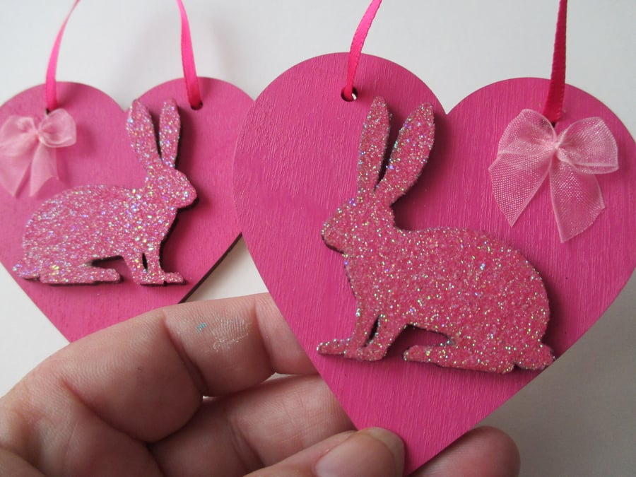 SALE 2x Bunny Rabbit Love Heart Hanging Decoration Pink Wood Wooden Glittery