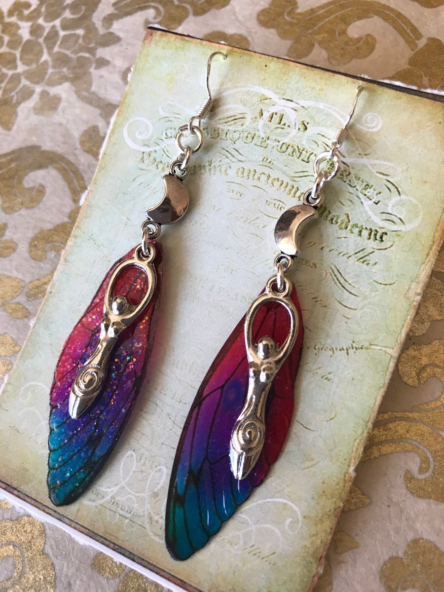 Crescent Moon Goddess  Fairy Wing Earrings Sterling Silver