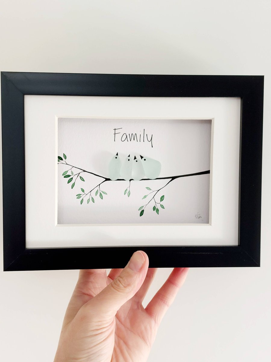Sea Glass Family Wall Art Picture, Sea Glass Birds Family - Framed Pebble Art