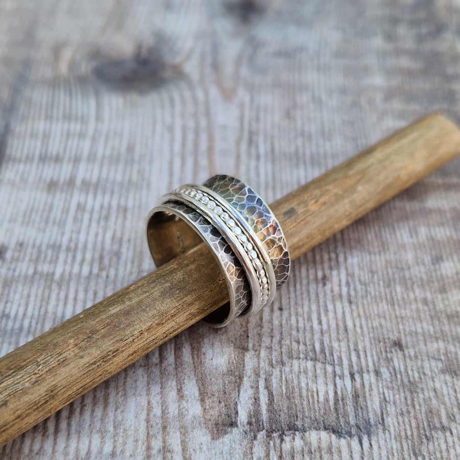 Sterling Silver Wide Hammered Oxidised Triple Spinner Ring - Size UK Q