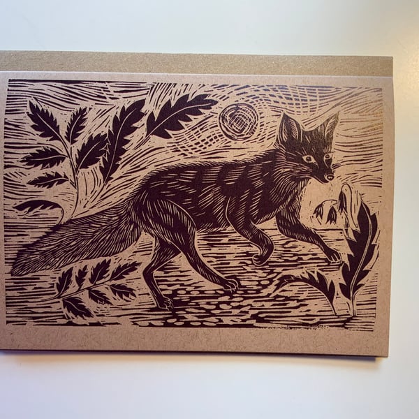 Fox Greetings Card - Brown on Kraft paper - A6 - From an original linocut print