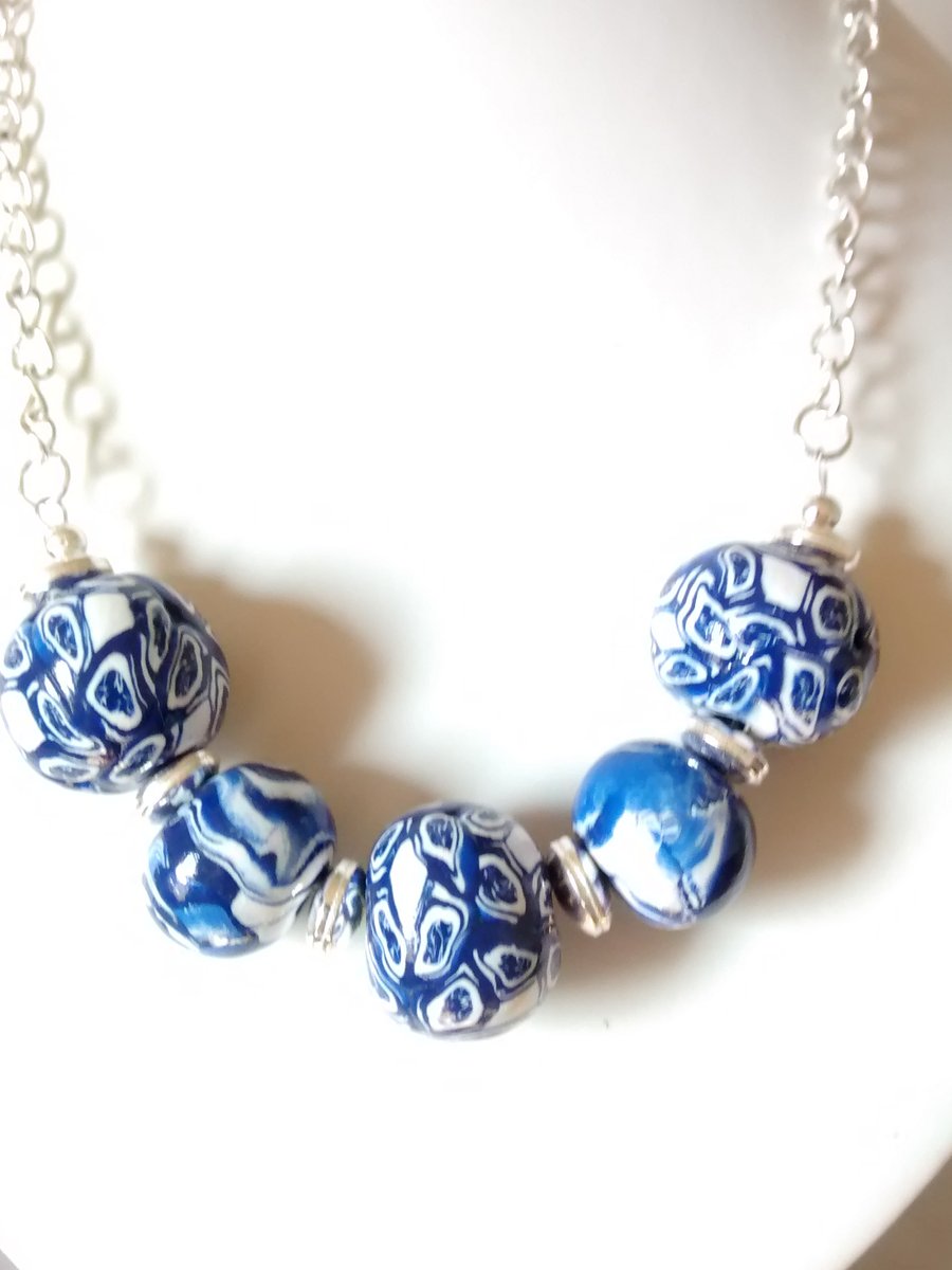 BLUE AND WHITE POLYMER CLAY NECKLACE - POLYMER CLAY -  FREE SHIPPING WORLD WIDE