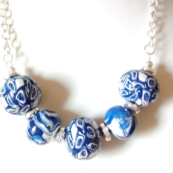 BLUE AND WHITE POLYMER CLAY NECKLACE - POLYMER CLAY -  FREE SHIPPING WORLD WIDE