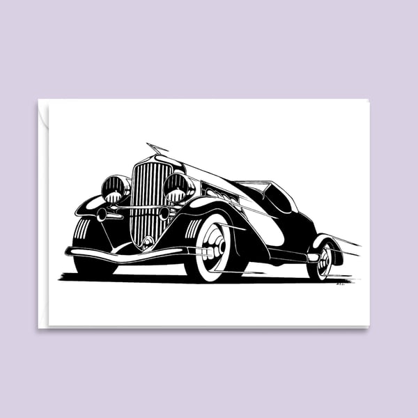 Classic American Car Greeting Card, Printed From Hand Drawn Pen and Ink Art