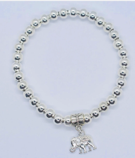 Silver Beads  Bracelets with  Elephant Pendant Stretchy Bracelet
