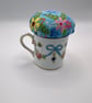 Vintage Upcycled Blue Ribbon Cup Pin Cushion - Staffordshire Bone China - Image 3