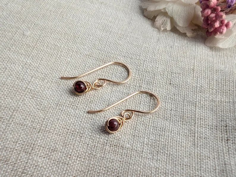 GARNET Earrings Sterling Silver or 14K Gold Filled, Dainty Wire Wrapped Earrings