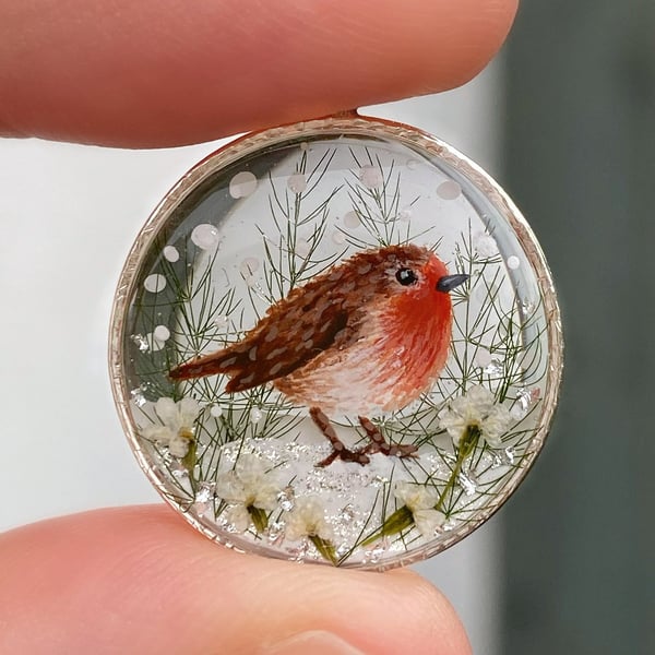 Hand Painted Robin Snow Globe Necklace