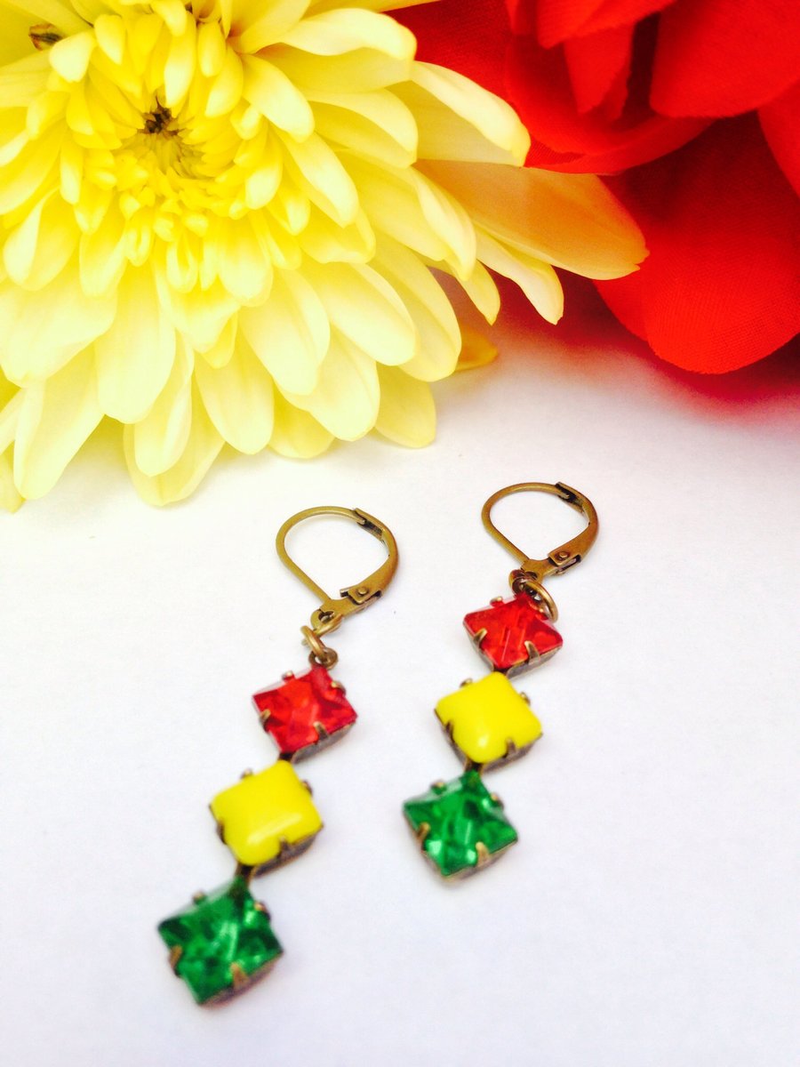 Vintage bright and colourful glass earrings. Gift for her.