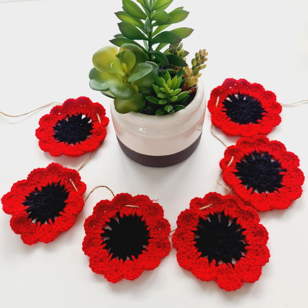 Crochet Poppy Set of 6, Bunting Garland and Coasters