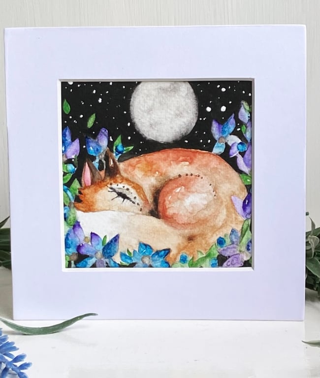 Mounted Original Resting Fox with Purple Flowers Watercolour 