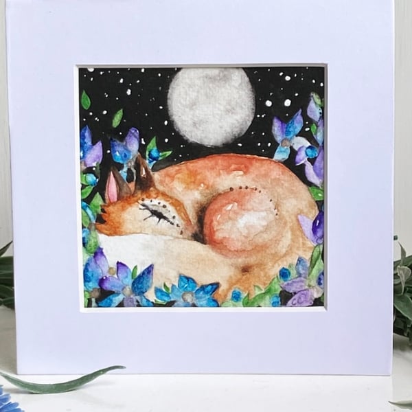 Mounted Original Resting Fox with Purple Flowers Watercolour 