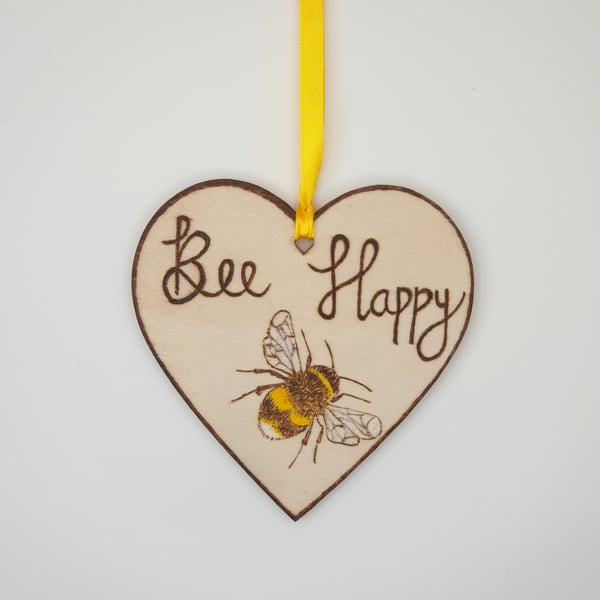 Pyrography bee happy wooden heart, hanging new home, housewarming decoration 