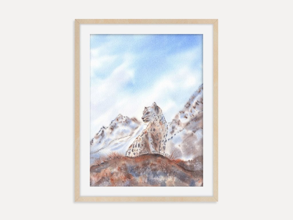 Snow Leopard Art Print, Mountain Wildlife Wall Art, Wild Cat Animal Decor 