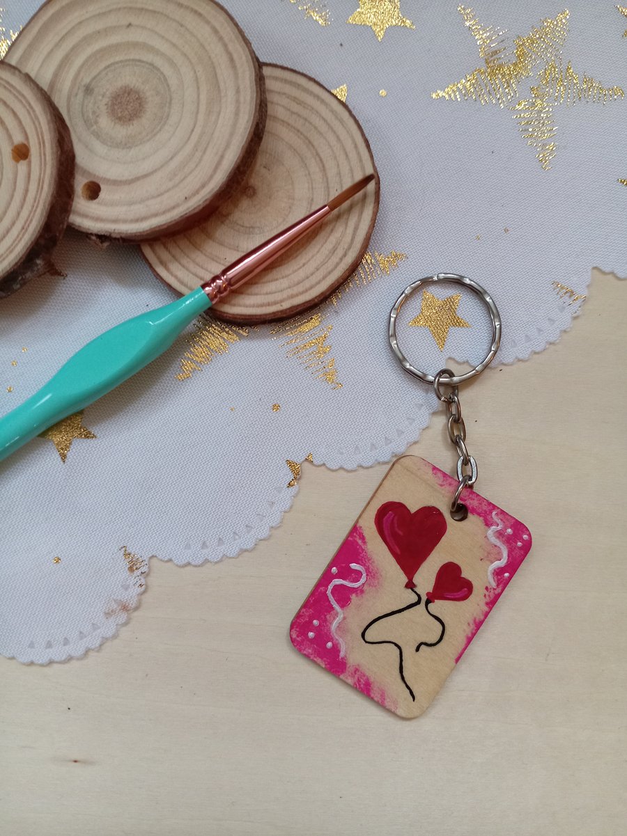 Wooden rectangular balloon hearts keyring 