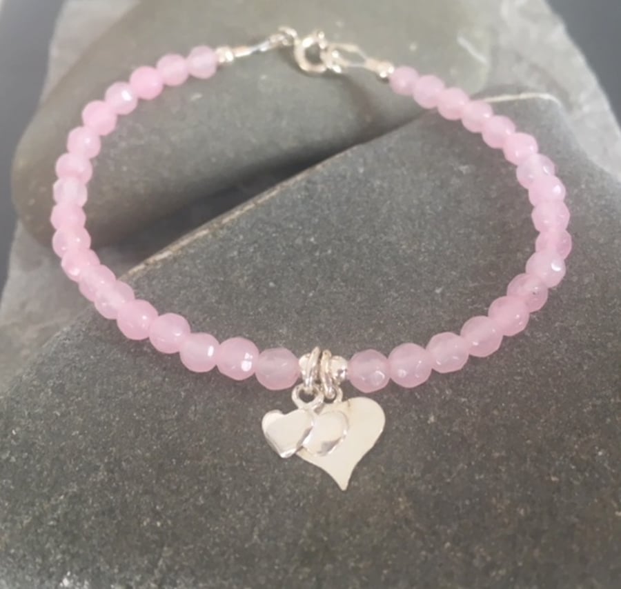 Sterling Silver Pink Rose Quartz Heart Charm Bracelet, Friendship Bracelet