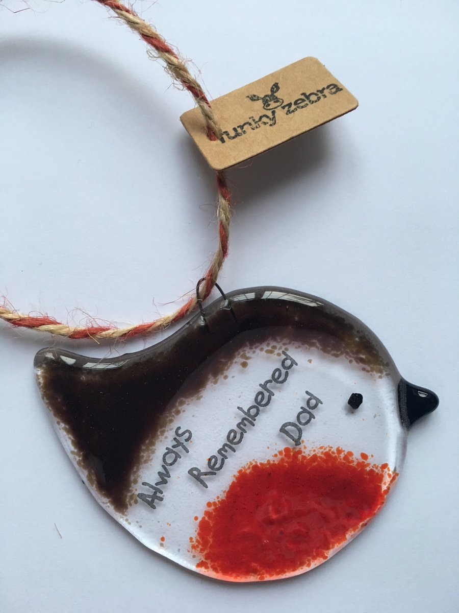 Handmade Fused Glass "Always Remembered Dad" Robin Christmas Decoration