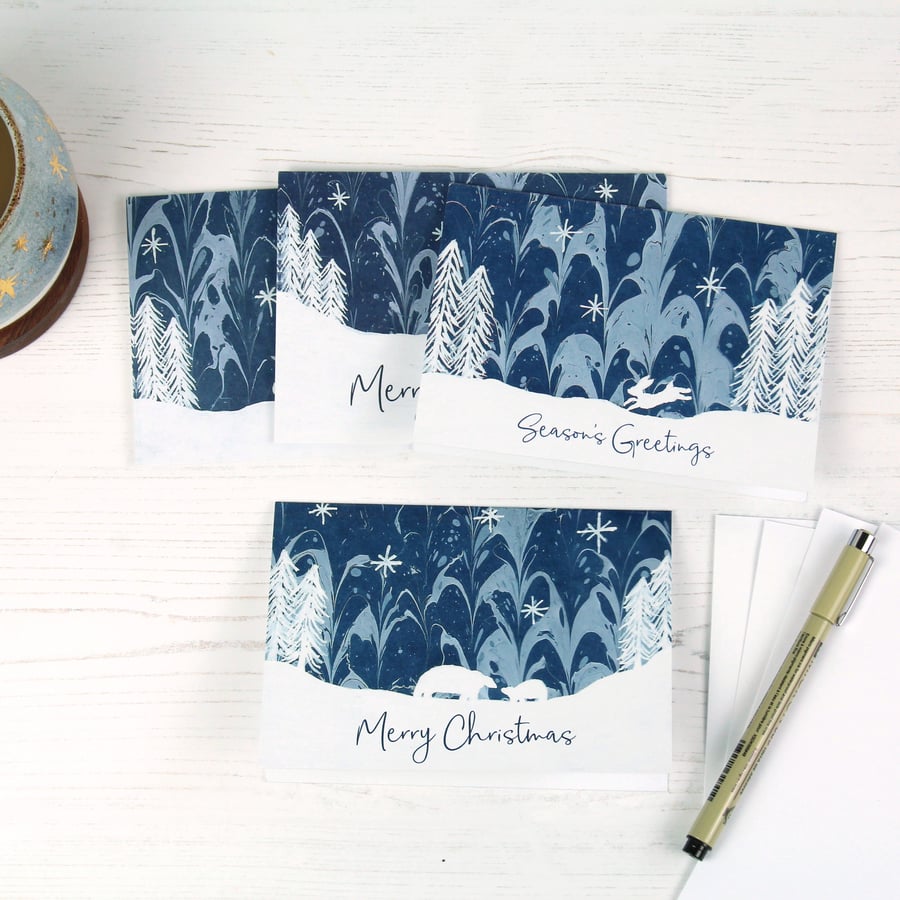 Christmas card Arctic winter scene fox deer polar bear hare pack of 4