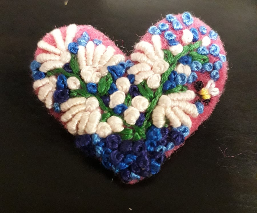 Brooch in Pure wool felt beautifully embroidered with flowers 