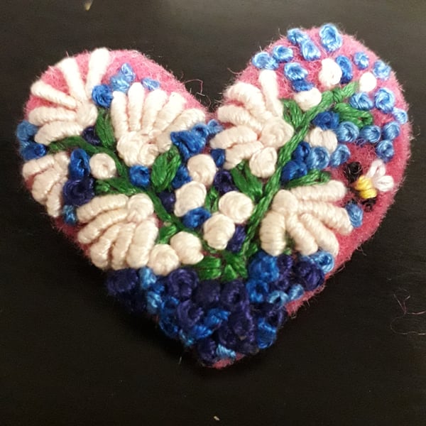 Brooch in Pure wool felt beautifully embroidered with flowers 