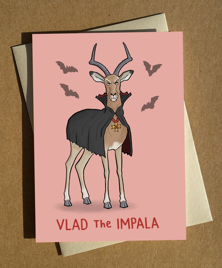 Vlad the Impala - Vampire Dracula Animal Pun Halloween Greeting Card A6 - Funny 