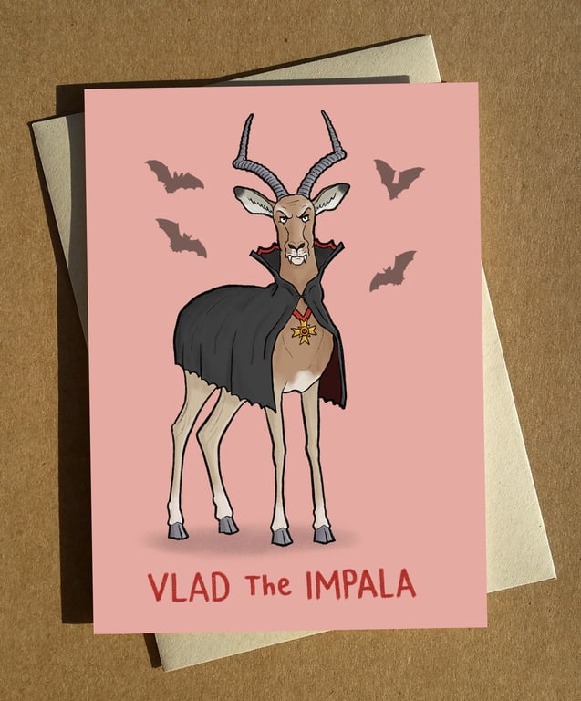 Vlad the Impala - Vampire Dracula Animal Pun Halloween Greeting Card A6 - Funny 