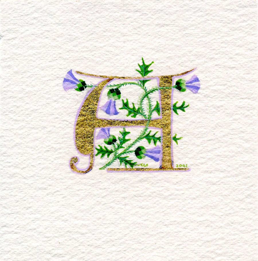 Any letter in 23c gold leaf handpainted with Thistles handmade gifts.