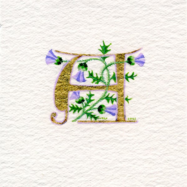 Any letter in 23c gold leaf handpainted with Thistles handmade gifts.