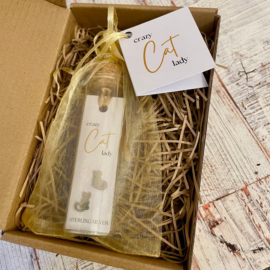 Cat Stud Earrings, Message in a Bottle Sterling Silver Earrings