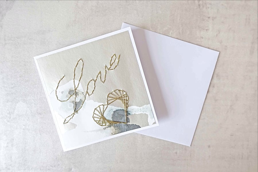 SALE Gold Love Card, Hand Stitched Love Card, Love Wedding Card 