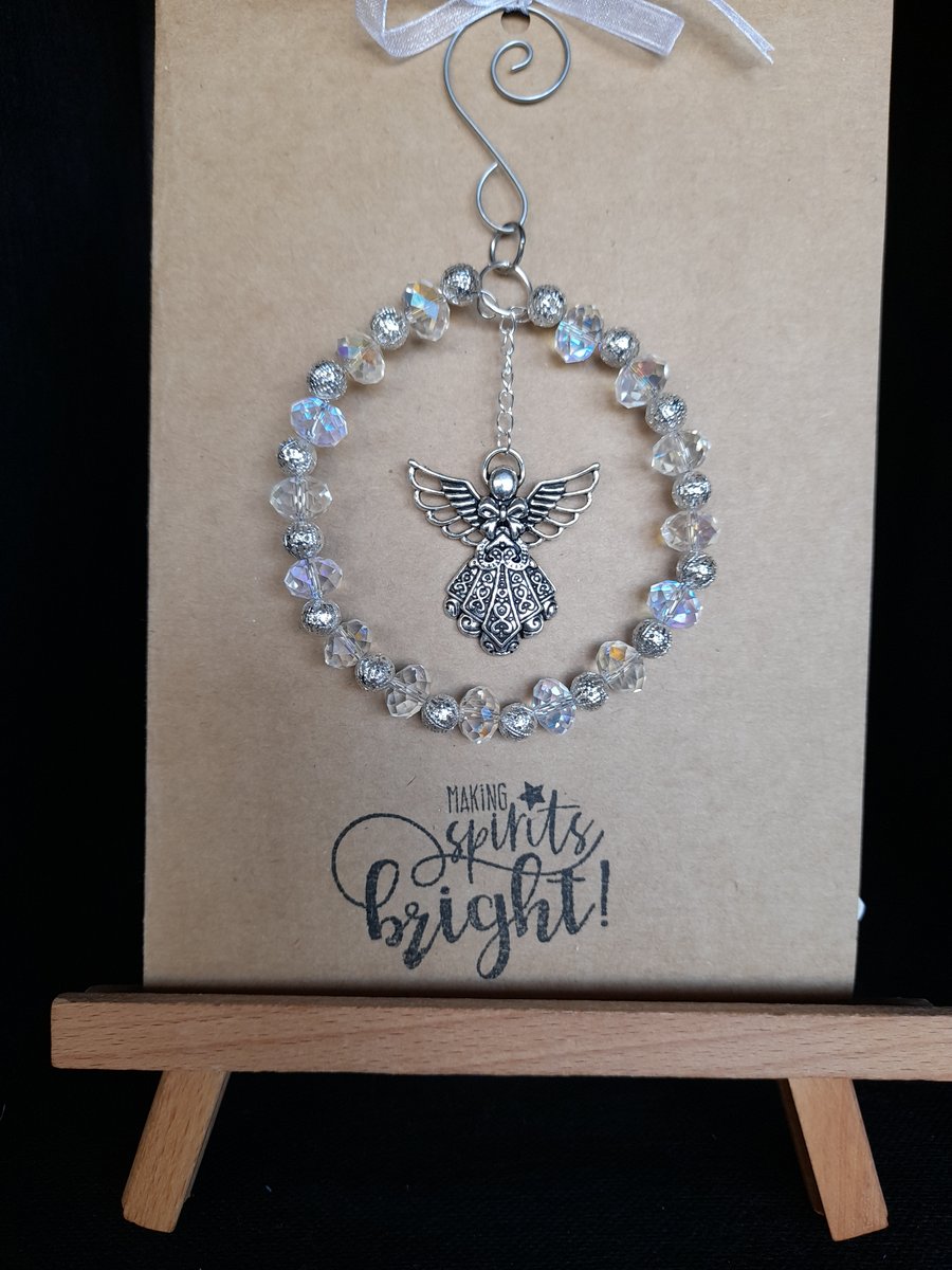 Hand made glass bead decoration with angel, attached to greetings card