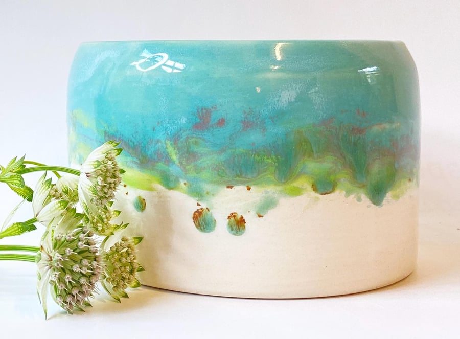 Handmade ceramic pot glazed by hand with turquoise drippy glaze- Made in Norfolk