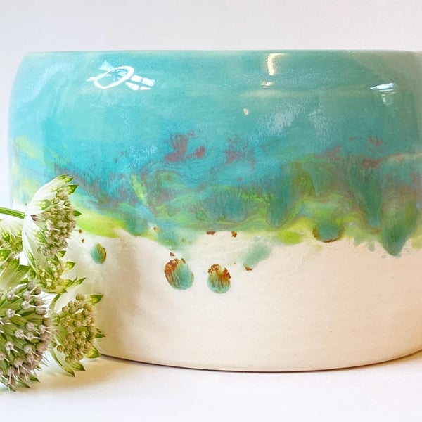 Handmade ceramic pot glazed by hand with turquoise drippy glaze- Made in Norfolk