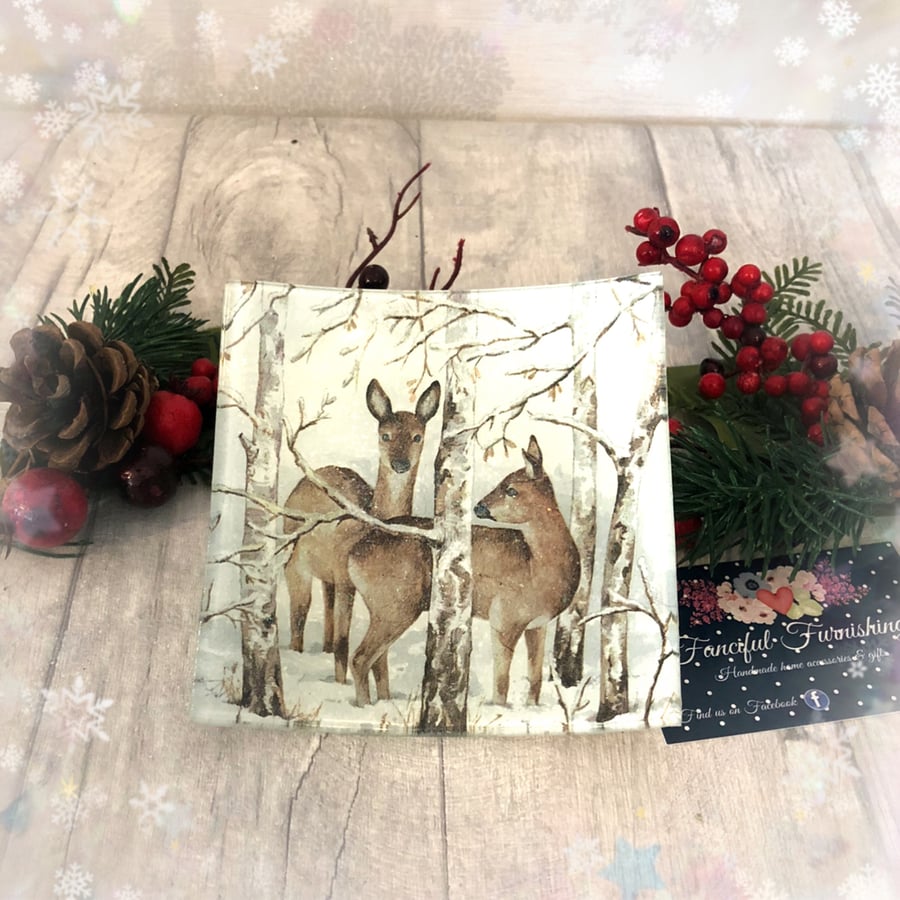 Decoupaged Glass Christmas Sweet Dish, trinket dish winter Deer in Forest design